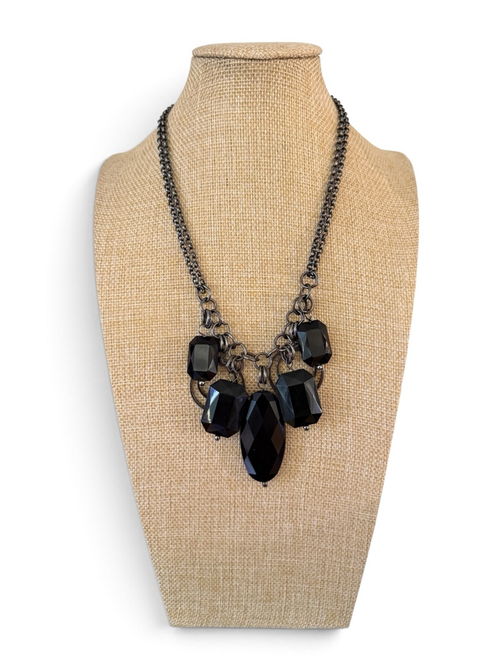 Vintage Antiqued Silver Tone Acrylic Statement Necklace - Black Faceted Drops - Picture 3 of 8